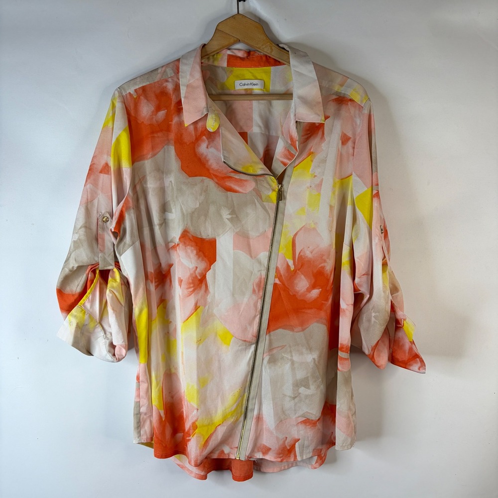 Calvin Klein Blouse Women XL Orange Abstract Floral Zip Front Roll Tab Sleeve